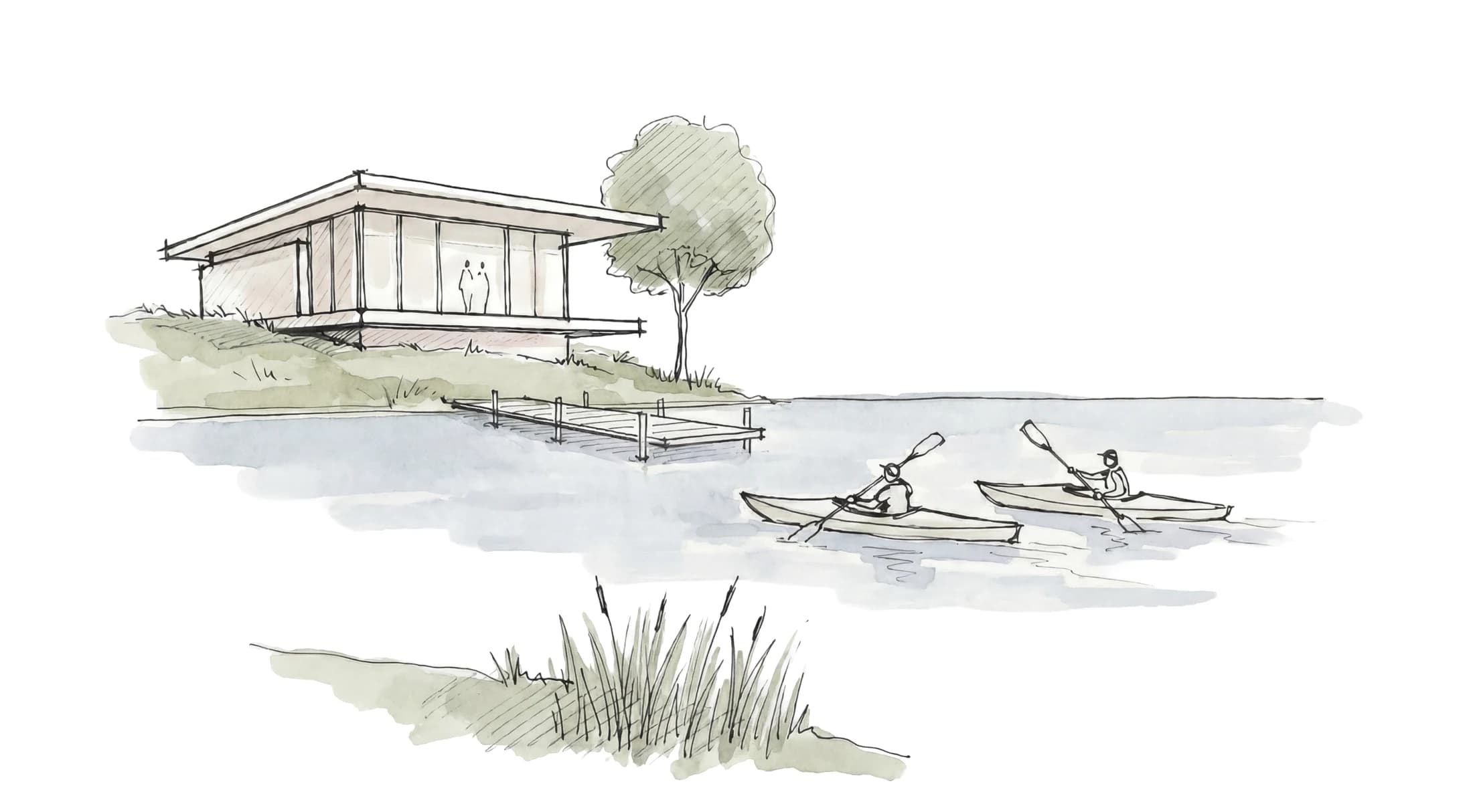 Sketch artístico de una residencia frente al lago en Country Lakes — muelle, arbolado y cuerpos de agua