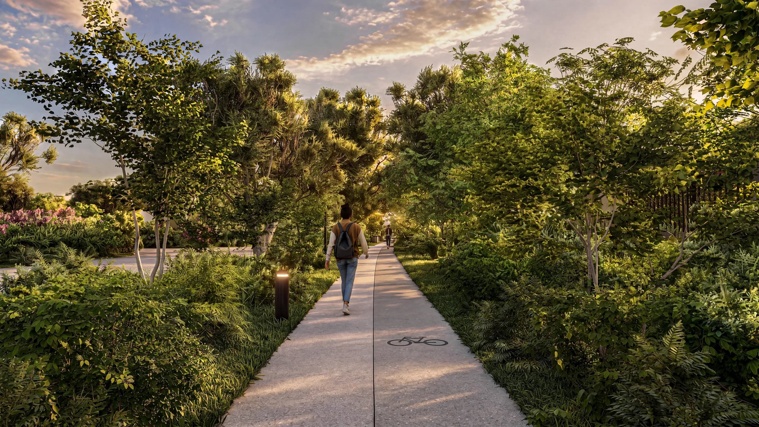 Andador peatonal y ciclovía arbolada dentro del master plan de Yucatán Country Lakes