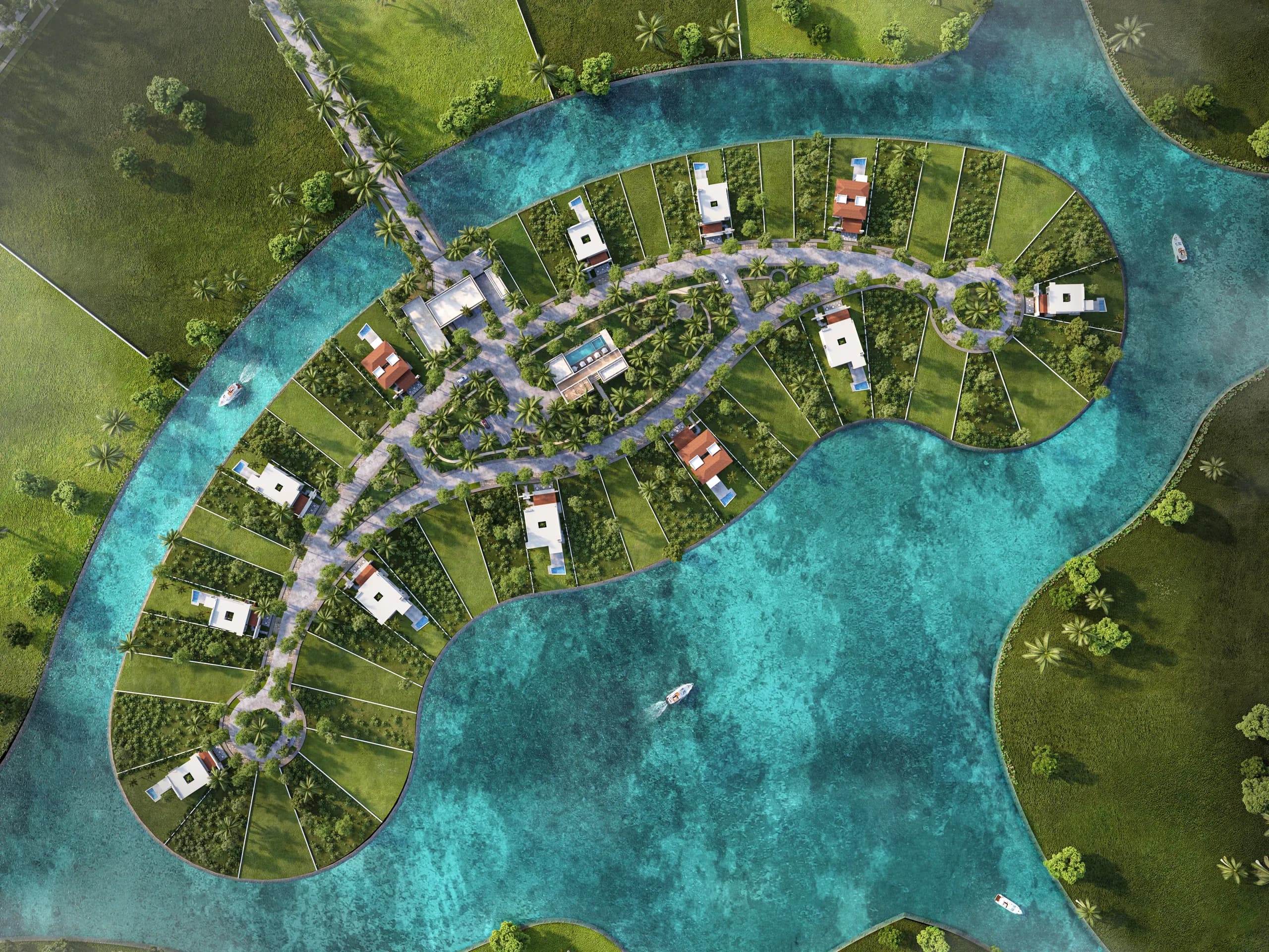 Plano ambientado de la privada Serona, mostrando lotes residenciales con frente al lago, vialidades internas y áreas verdes