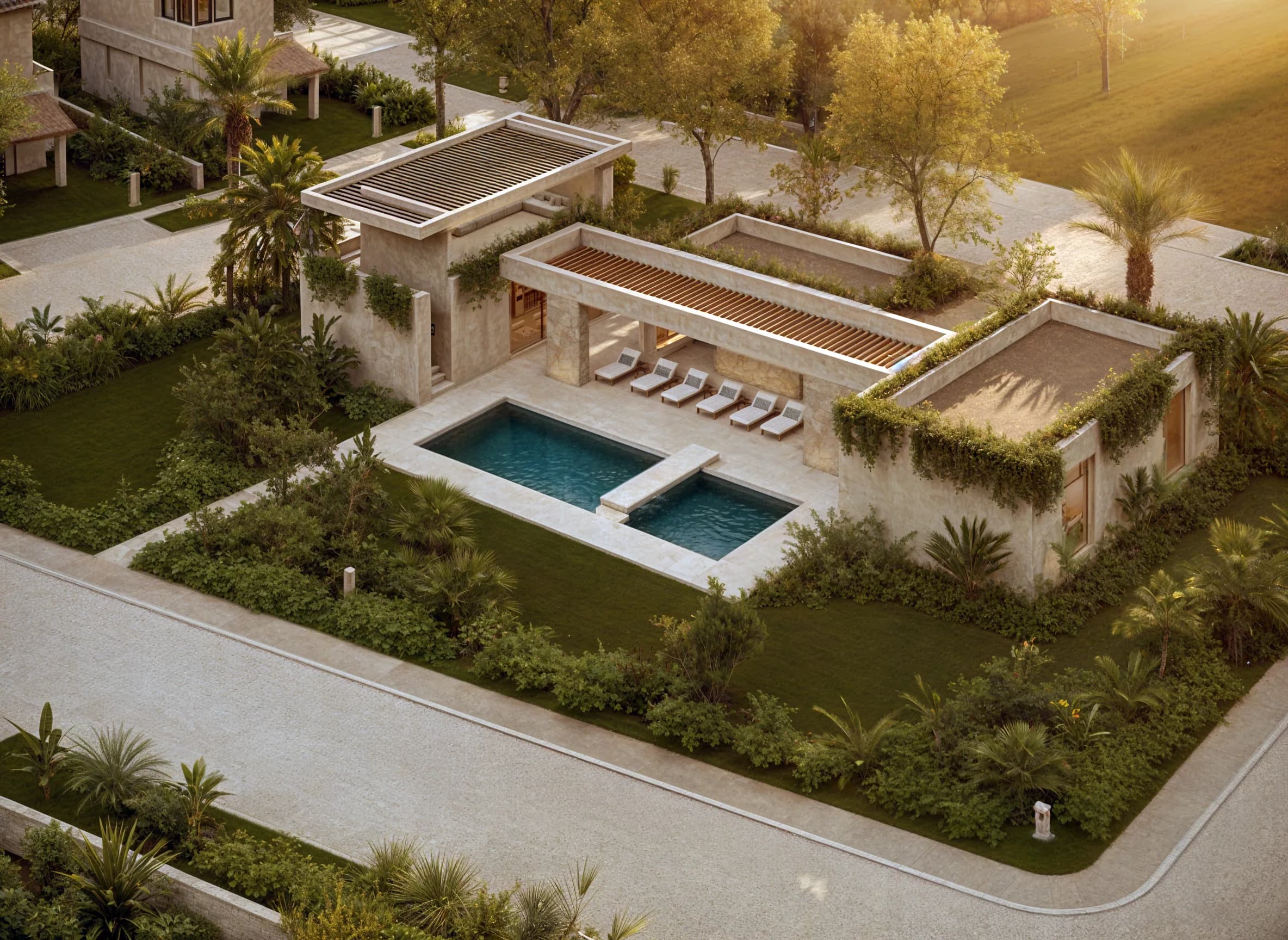 Render de la alberca del club house de Borus