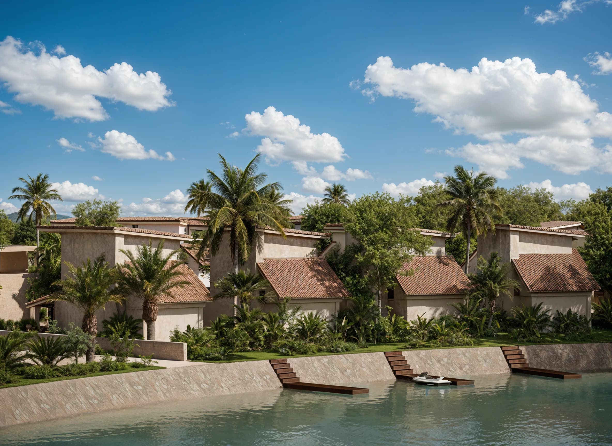 Render de las residencias de Borus sobre el lago, con frente al agua y muelles