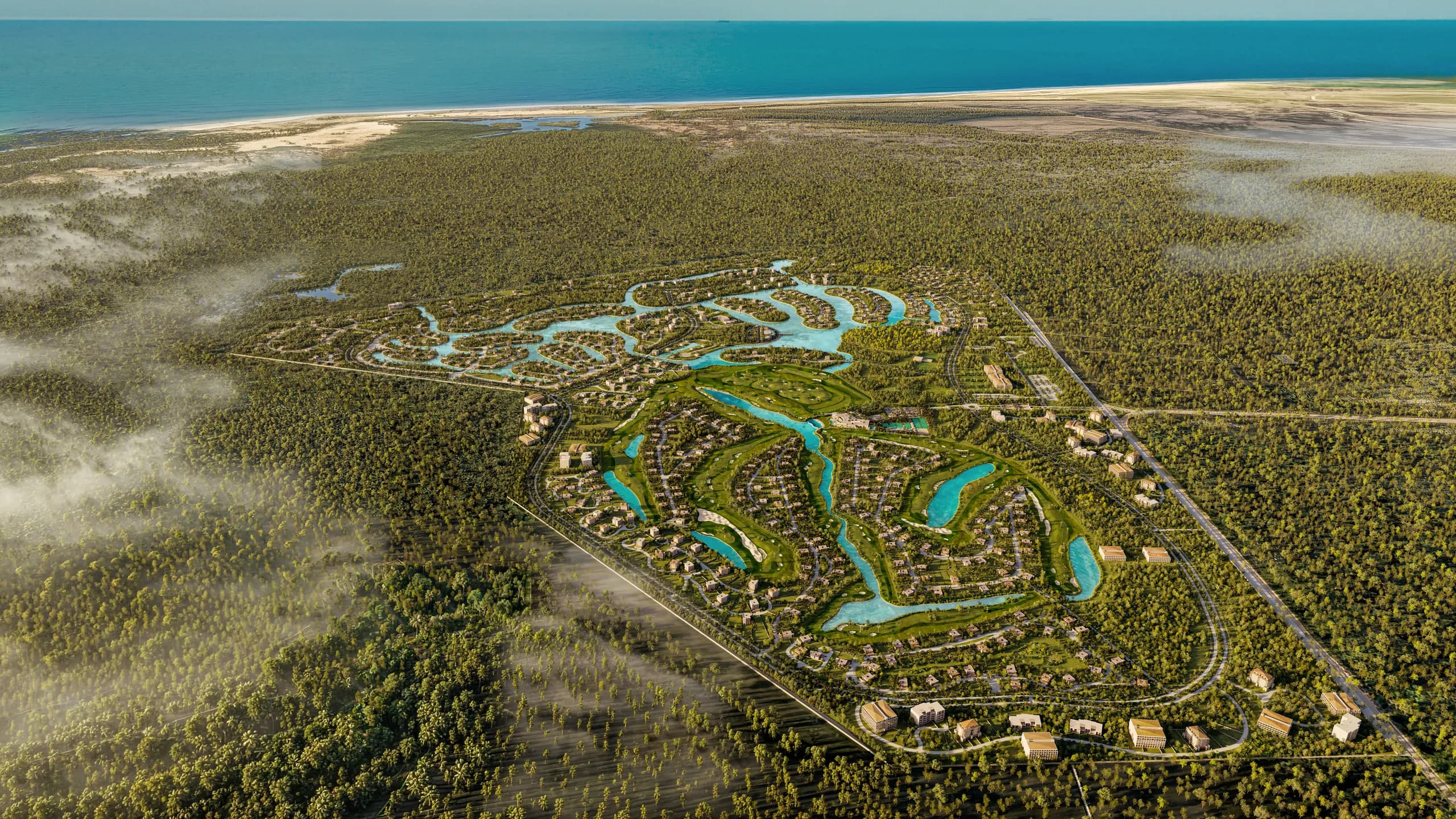 Vista aérea del master plan de Yucatán Country Lakes — lagos, campo de golf y desarrollo premium