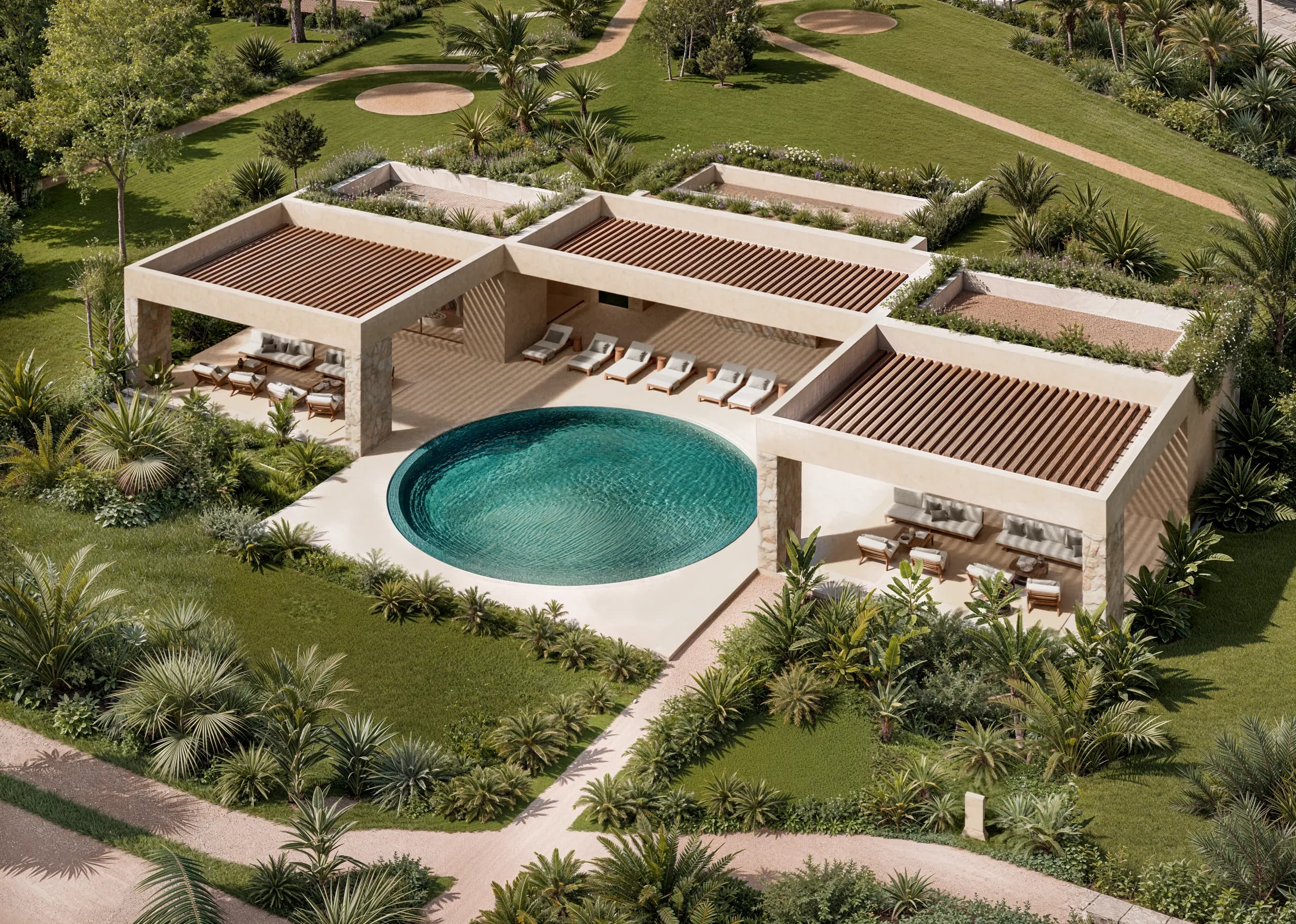 Render de la casa club de Ophidia con fachada hacia el campo de golf