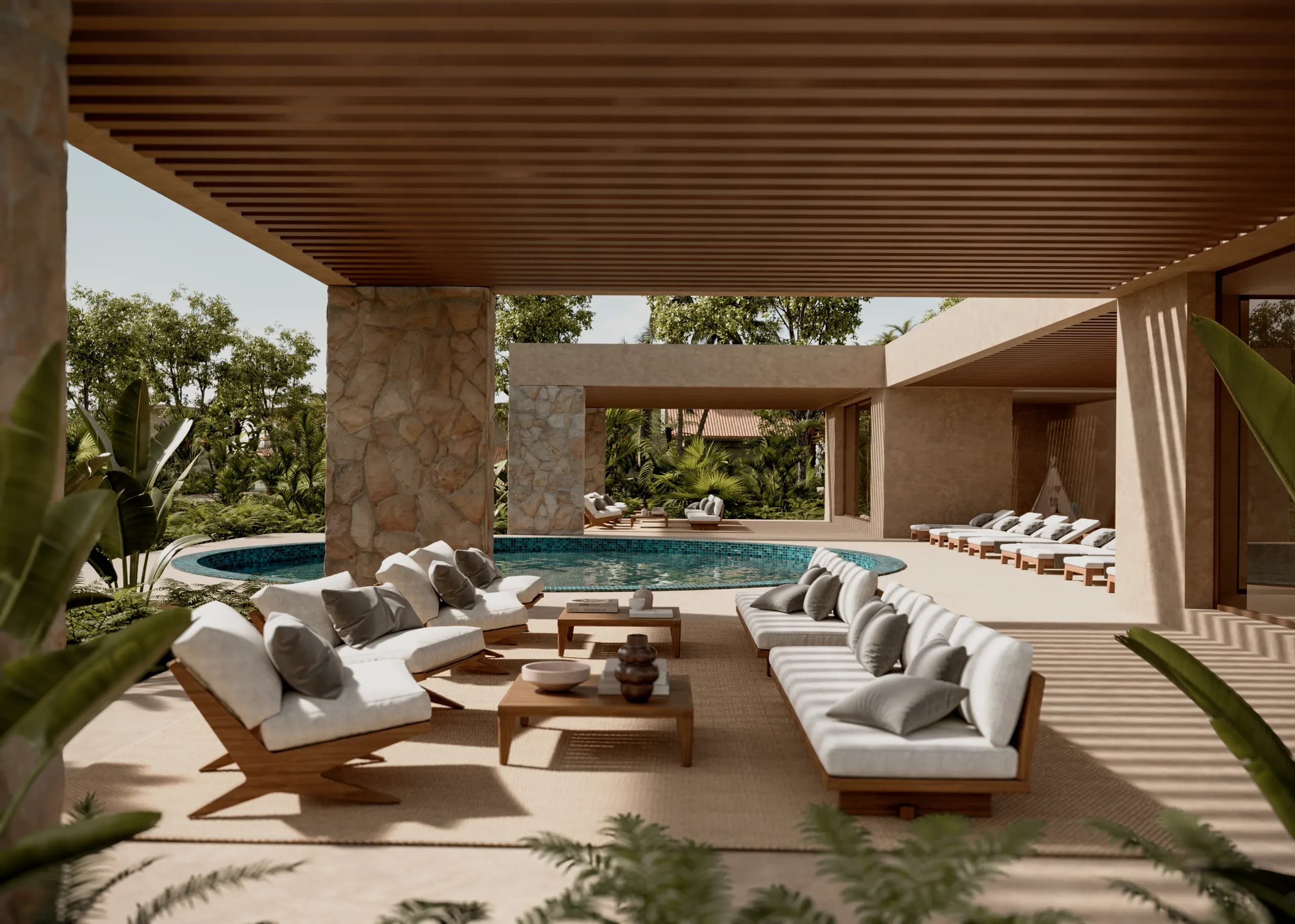 Render de la alberca y zona wellness de la casa club de Ophidia