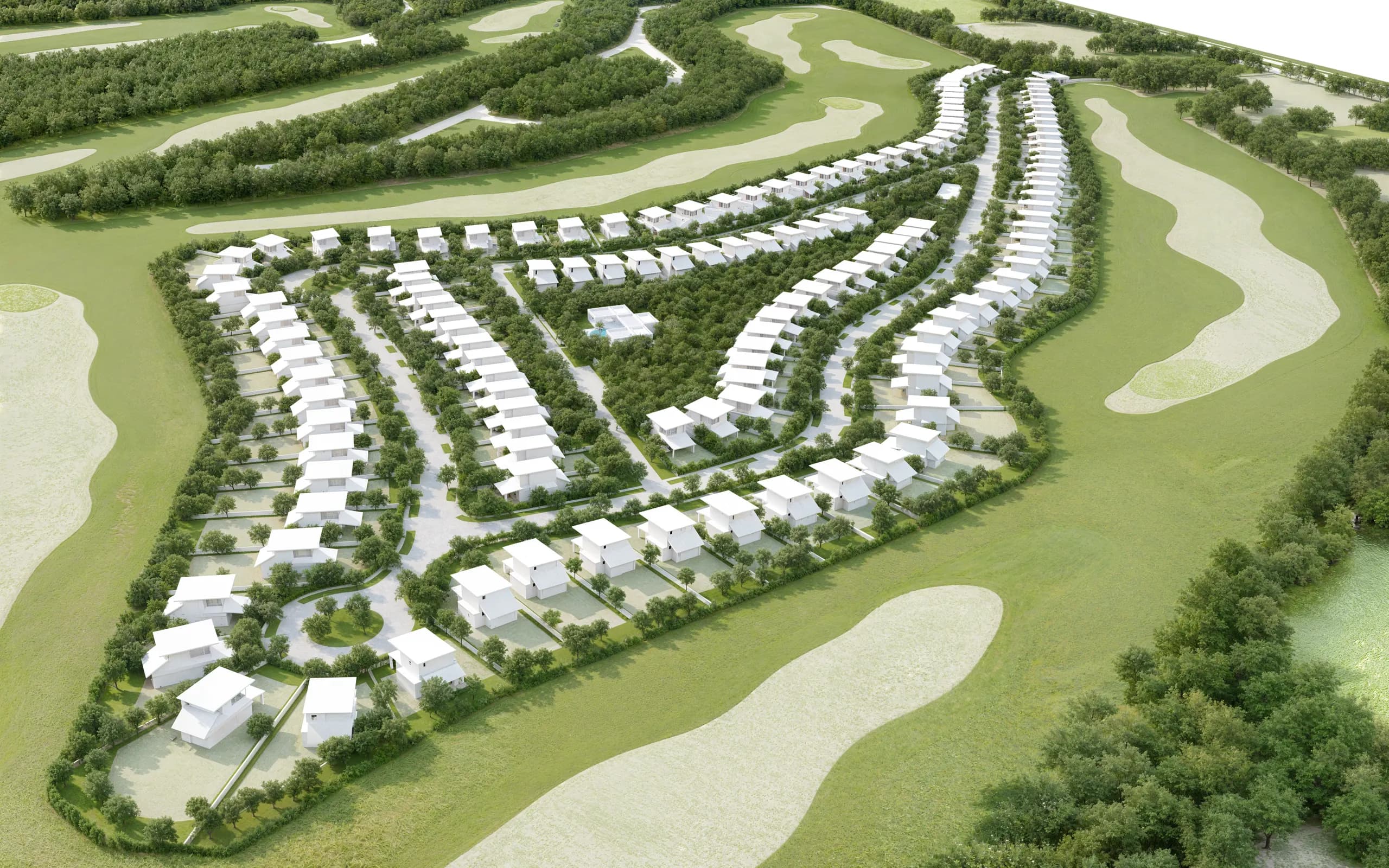 Vista isométrica del master plan de Ophidia mostrando lotes, vialidades y casa club