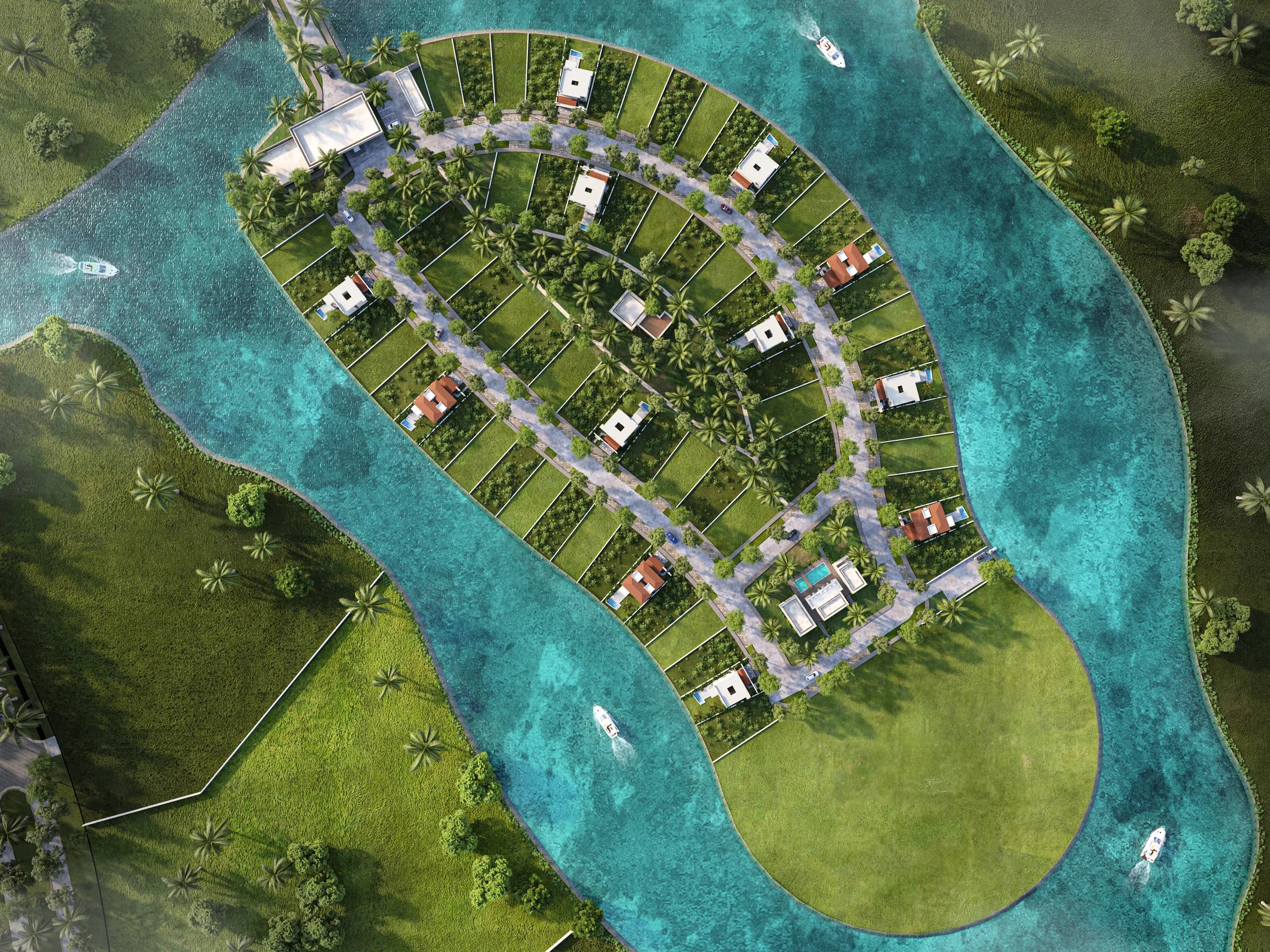 Plano ambientado de la privada Borus, la isla rodeada de lagos con lotes con frente al agua y club house