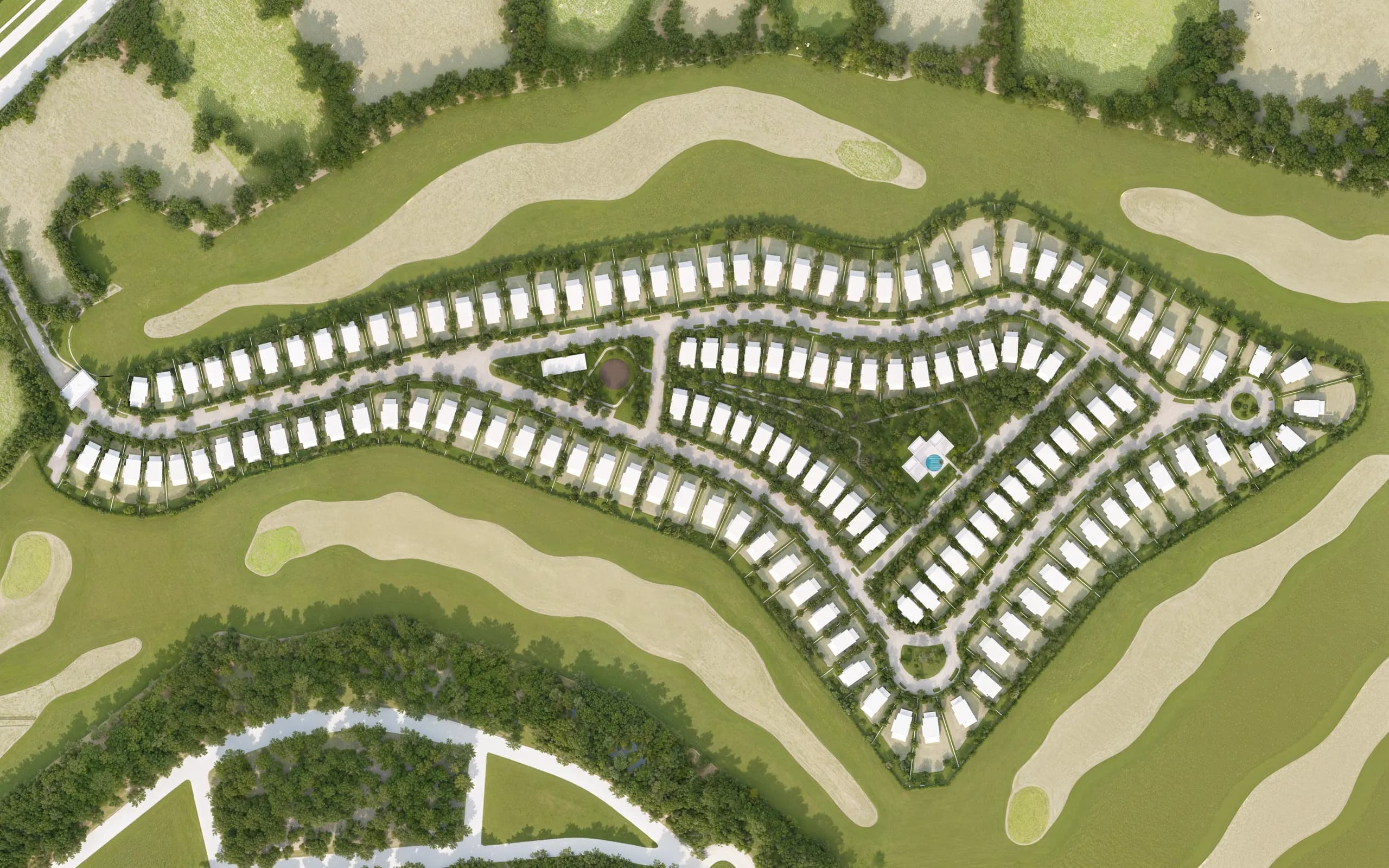 Plano ambientado de la privada Ophidia, mostrando lotes residenciales con frente al campo de golf, casa club y vialidades internas
