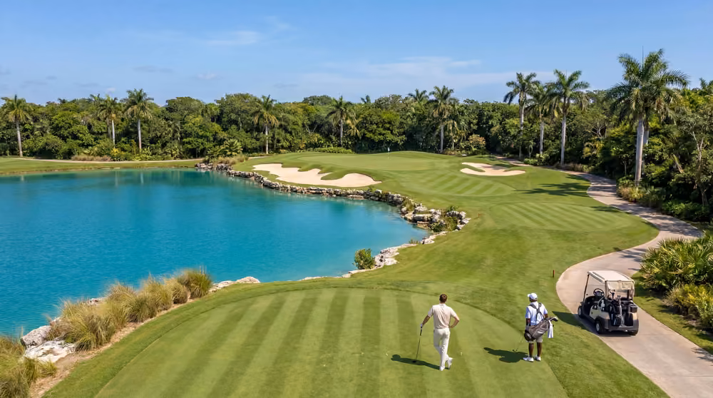 Golfista y caddie sobre el green del campo par 72 de Country Lakes, junto a un lago turquesa
